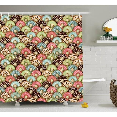 Tea Party Shower Curtain Colorful Delicious Donuts Sweet Breakfast Pastry Creamy Taste Bakery Food Theme Bath Curtains