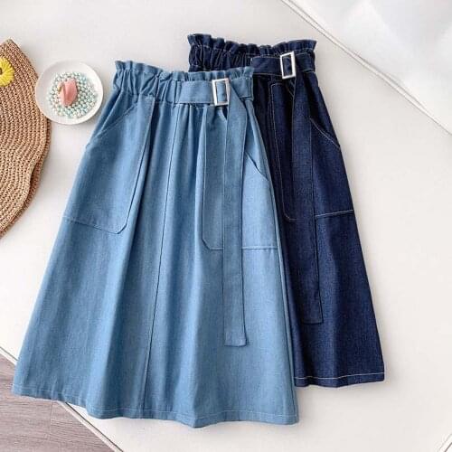 Wasteheart New Blue Women Skirt High Waist A-Line Long Skirt Mid-Calf Cotton Sexy Loose Casual Cotton Skirts Sashes Packet