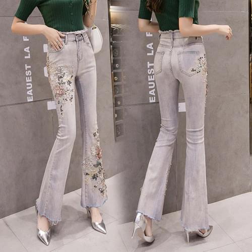 Flare Pants Women New 2019 Summer Autumn Skinny Denim Jeans Pants Pearls 3D Flower Embroidery Sequined Long Pants Trousers