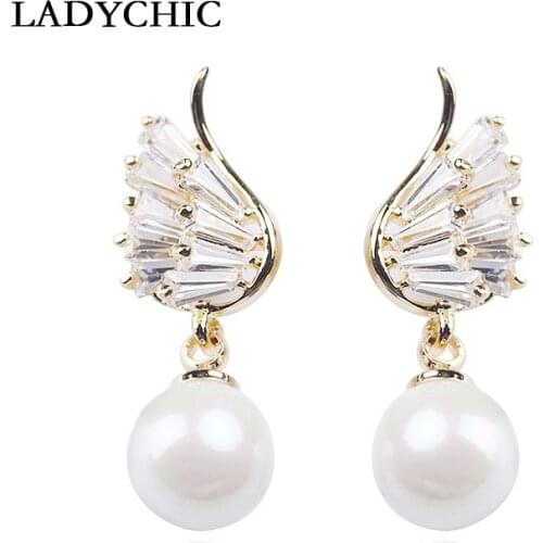 LADYCHIC New Arrival Angel Wings Crystal Drop Earrings for Women Elegant Feather Design Pearl Earrings Jewelry Wholesale LE1316