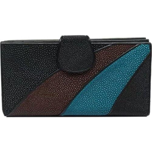 Authentic Stingray Leather Mixed-Color Womens Long Wallet Genuine Skate Skin Lady Large Card Holders Female Phone Clutch Purse
