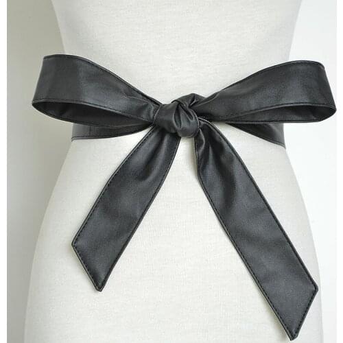 Women Long Soft Bow Belt New Pu Thin Belts for Women Black Red Ribbon Waistband Female Dress Fashion 2021