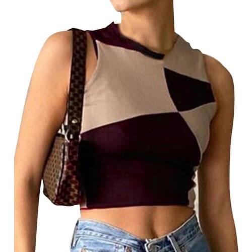 Ladies Fashion Sleeveless Vest Breathable Round Neck Top New Y2K Fashion Contrast Color Stitching Sleeveless Simple Vest Top