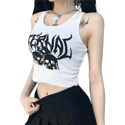 Xingqing Y2K Sleeveless Streetwear Grunge Graphic 90s Aesthetic Women Crop Tops Punk Harajuku Skull Print Slim Clothes T-shirt