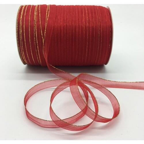 10yds/lot 3/8" 10mm Red Glitter Golden Rimmed Organza Ribbon Bow Hair Wedding Decoration Lace Crafts