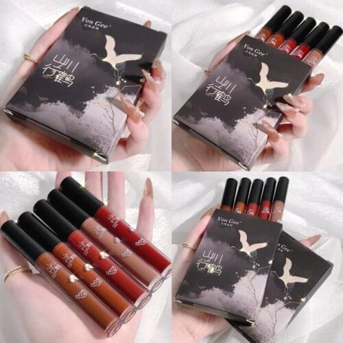 5 Sticks Of Chinese Style Matte Lip Glaze Set Lipstick Smooth Not Greasy Velvet Waterproof Sweatproof Long-lasting Makeup TSLM1