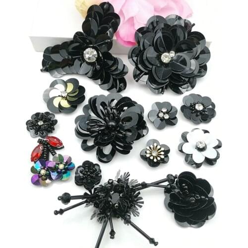 DIY clothing accessories artificial sequins flower sewing on patch for clothes stickers beaded crystal sequin fake flower black