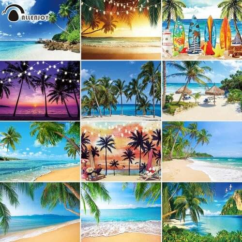 Allenjoy Tropical Sea Beach Palm Tree Vinyl Sky Photography Background Aloha Summer Holiday Nature Scenery Backdrop Ocean Banner