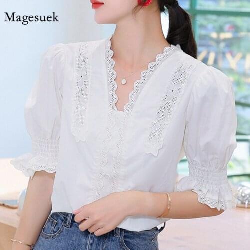 Summer New Casual Short Sleeve Lace Blouse Women White Korean V-neck Solid Womens Shirt Fashion Loose Ladies Tops Blusas 10204