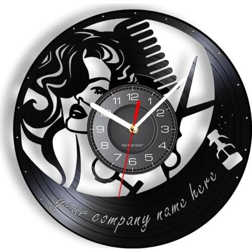 Salon Company Custom Wall Clock Made Of Vinyl Album Record Hairdressing Tools Luminous Wall Watch Decor For Hair Salon & Stylist