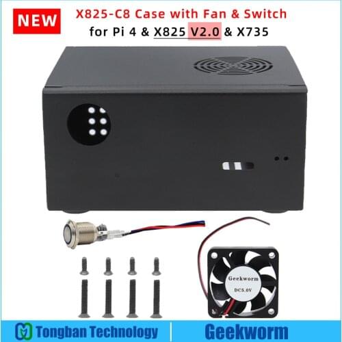 Geekworm Raspberry Pi X825-C8 (X825 V2.0) Case+Power Switch+Cooling Fan Support X825 V2.0 2.5" SATA SSD/HDD Shield & Pi 4 & X735