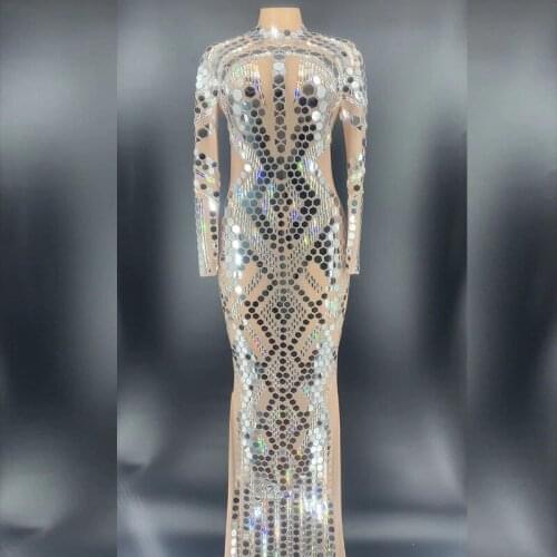 Women Sexy Stage Shining Silver Mirrors Crystals Mesh Long Dress Women Transparent Sequins Dress Female Singer Stage Dress