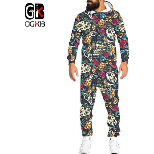 OGKB 3D Snake And Skull Print Loungewear Pajamas Unisex Loose Hooded Zip Open Sleepwear Onesies For Adult Jumpsuits Wholesale