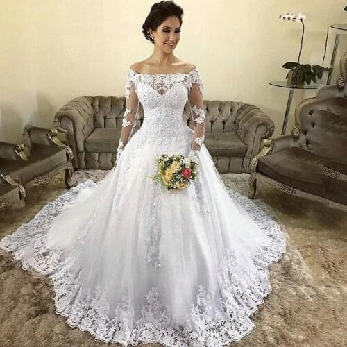 Lace Full Sleeve Wedding Dresses Ball Gown Off The Shoulder Elegant Bridal Gowns Appliques vestidos de boda