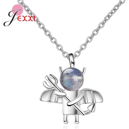 Fashion Trendy Moonstone Sweet Cute Little Devil 925 Sterling Silver Clavicle Chain Female Necklace Pendant Jewelry