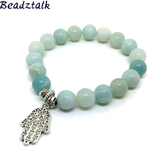 10 mm Nature Sotne Fashion Stylish Man Charm Bracelet Amazonite Bead Bracelets Fatima Hamsa Metal Charm Jewelry 10 mm Bead