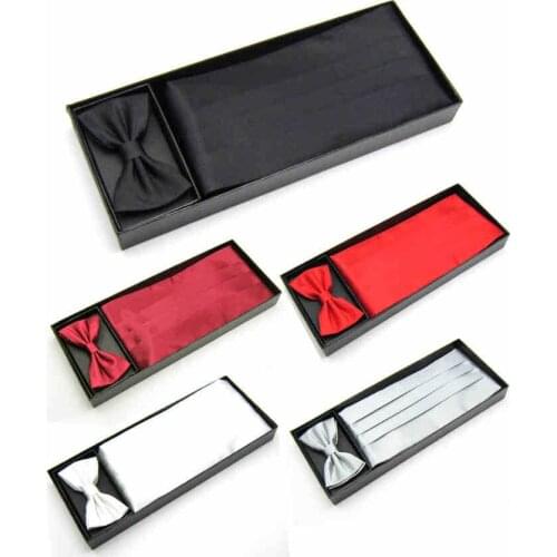 Mens Wedding Tuxedo Bow tie Set Cummerbund Hanky Pocket Towel Black Red White Silver Solid Bowtie Cravat