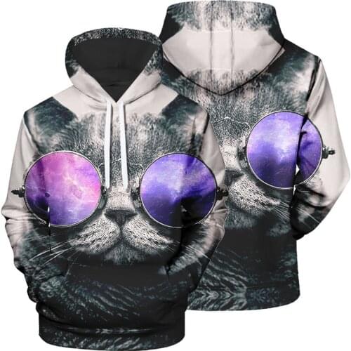 Personality Creative Mens Unique Galaxy Funny Fun Cat Print Hooded Sweater Fashion Casual 3D Pattern