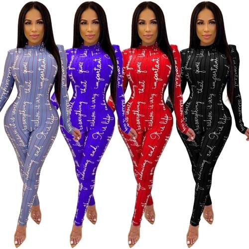 Fall Autumn Winter Women Jumpsuits Full Sleeve Letter Print Sexy Zipper Rompers Night Club Party Outfits One Piece set GLTK6048