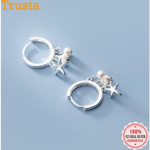 TrustDavis 100% 925 Real Sterling Silver Seastar Pearl Hoop Earrings Jewerly Gift For School Girls Daughters Gift DS524