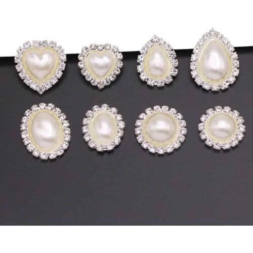 10Pcs Pearl Rhinestone Button Sliver Base Flatback Rhinestone White Pearl Button For Clothes/Wedding Heart/Round/Drop/Oval Shape