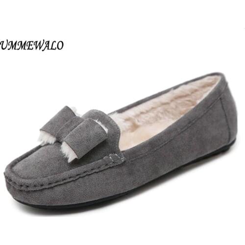 UMMEWALO Flat Shoes Women Winter Warm Loafer Shoes Woman Flock Short Plush Cotton Shoes Mother Loafers Driving Footwear