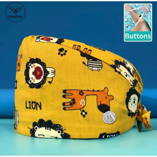 Lion Print Unisex Animal Pet Shop Clean Cotton Sweat-absorbent Scrubs Cap Medical Uniforms Nurse Accessories Wholesale Work Hats