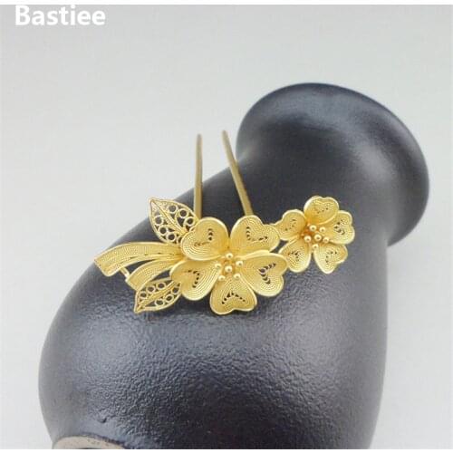 Bastiee Flower 999 Sterling Silver Hmong Hair Fork For Women Golden Plated Luxury Hair Stick Miao Jewelry
