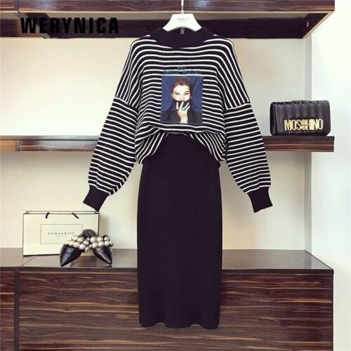Werynica 2019 -Spring Autumn New Model Womens Costume Casual Suits Strip Blouse Top Solid Color Slim Skirt Ladie Sweater+skirt