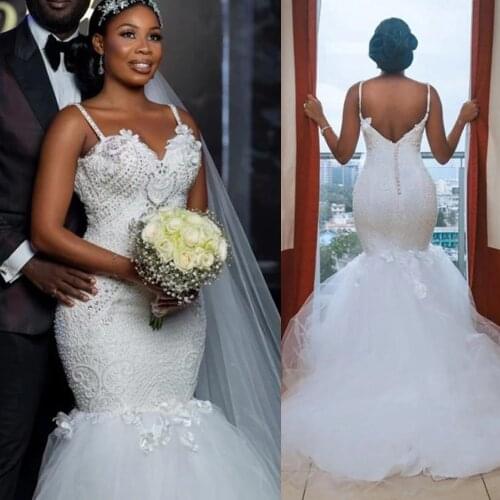 WUZHIYI Modest African Spaghetti Straps Mermaid Wedding Dresses Boho Appliques Beaded Bride Marriage Handmade Bridal Gown 2022