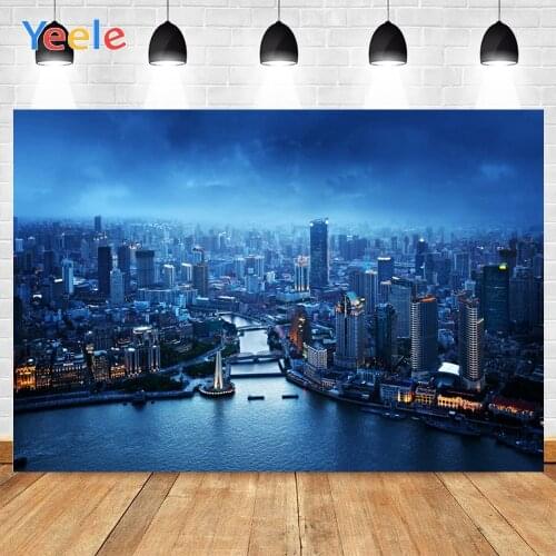Yeele Night Blue Light Sky River Bridge City Buildings Background Photophone Photography Backdrop for Decoration Customized Size