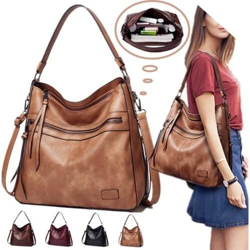 Retro Oil Wax Leather Women Casual Large Capacity Shoulder Bag Multi-function Fashion Pu Hobo Bag Tassels Decor Tote Bag