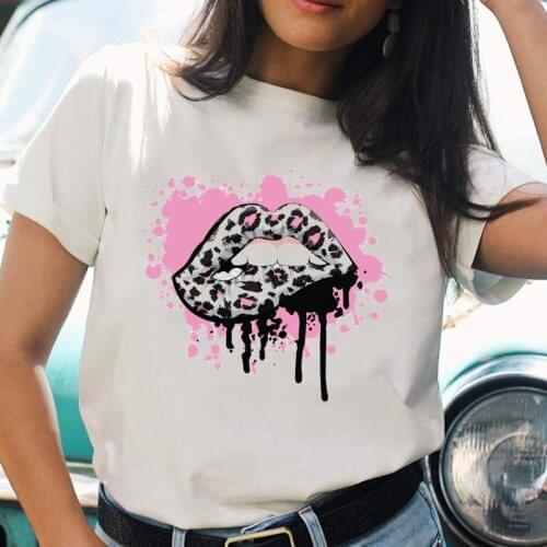 Women 2021 T-shirts Leopard Lip Ladies O-neck Trend Short Sleeve Cartoon T Top Shirt Print Female Graphic Fashion Tee T-Shirt