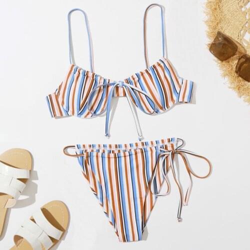 2pcs Women Swimsuits Bikini Set Push-Up Padded Top High Waist Stripe Bandage Bowknot Sling Thong Swimwear Sexy Beachwear 2021
