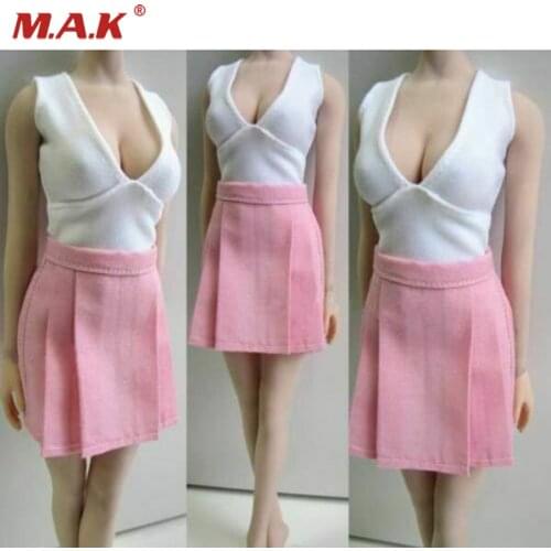 1/6 Scale Female V-neck White Tight top Pink Short skirt business attire Model for 12" Largest Bust Figure Body