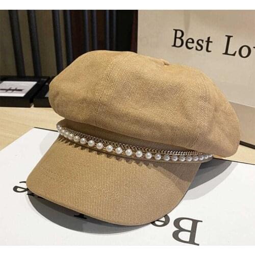 2021 Fashion Spring And Autumn Octagonal Hats Women Aesthetic Pearl Chain Solid British Beret Trend Street Wear Decorate Cap