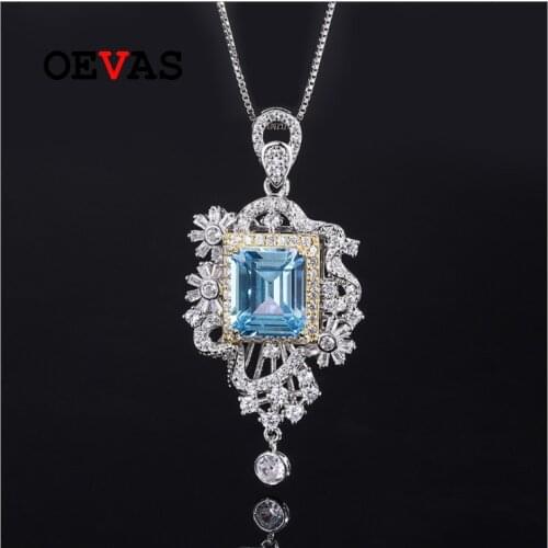 OEVAS 100% 925 Sterling Silver Aquamarine High Carbon Diamond Pendant Necklace For Women Sparkling Wedding Party Fine Jewelry