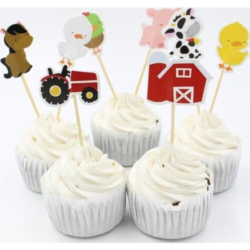 24Pcs/set Farm Animal Cartoon Cupcake Topper Pick Baby Shower Birthday Party Decoration Childrens Day Cake Decor