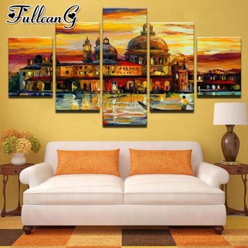 FULLCANG Abstract castle landscape 5 piece diy diamond painting full square round drill mosaic embroidery sale decoration FC2818