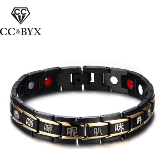 CC Bangles For Men Stainless Steel Magnet Titanium Buddhist Om Mani Padme Hum Religious Bracelet Fashion Jewelry Bijoux SBRM-010