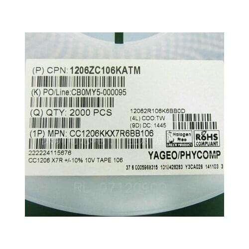 CC1206KKX7R6BB106 CAP CER 1206 10uF 106K ±10% 10V X7R Ceramic Capacitor 2000pcs Ceramic Capacitor