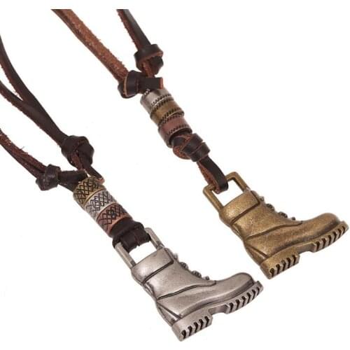 Hippie Rock Chain Necklace Men Metal Leather Boots Pendant Retro Charm Long Rope Women Handmade Choker Fashion Punk Jewelry Gift