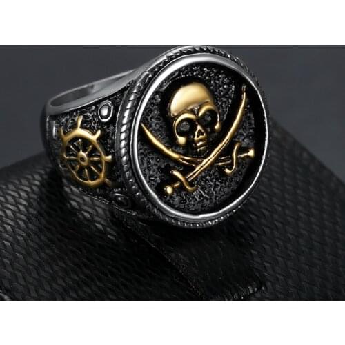 Double Knife Pirate Signet Skull Rings For Men Golden Silver Color Vintage Stainless Steel Compass Ring Viking Accessories