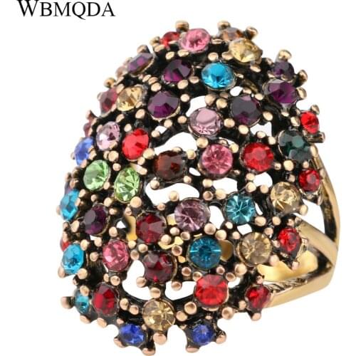 Hot Vintage Bohemian Statement Jewelry Fashion Big Colored Crystal Ring Gold Love Engagement Wedding Rings For Women Accessories