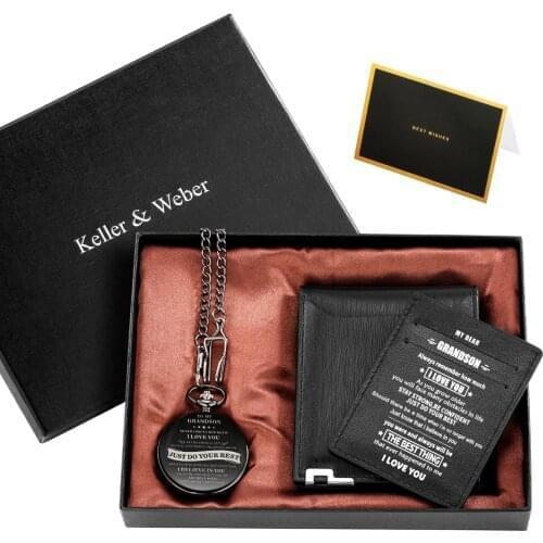 Pocket Watch Gift Set To My Grandson Quartz Numerals Dial Thick Chain Pendant Mens Black Leather Wallet Presents for Grandsons