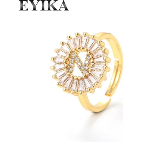 EYIKA Classic Uppercase Letter Resizable Ring White Cubic Zirconia Gold Color Anillo Elegant Women Finger Accessories Jewelry