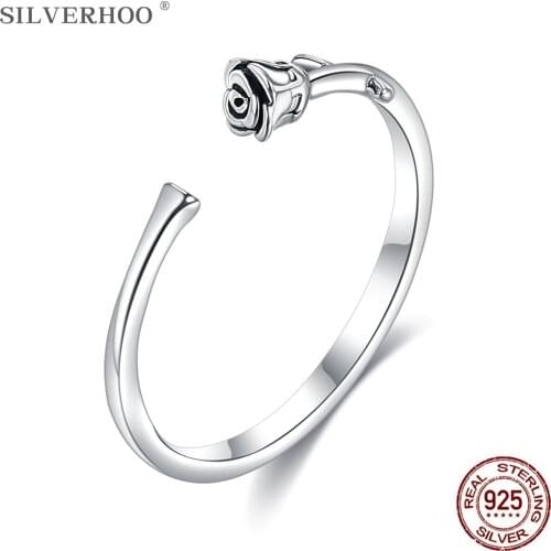 SILVERHOO Genuine 925 Sterling Silver Jewelry Retro Rose Flower Open Adjustable Finger Rings For Women Romantic Engagement Ring