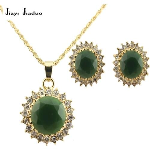Jiayijiaduo African Wedding Jewelry Set Gold-color Crystal Necklace Pendant for women Earrings green dress accessories