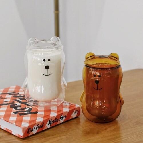 Creative Bear Double Wall Glass Cup Insulated Drink Juice Waterbottle Coffee Mug Mason Jars With Lid Tazza Drinking Glasses
