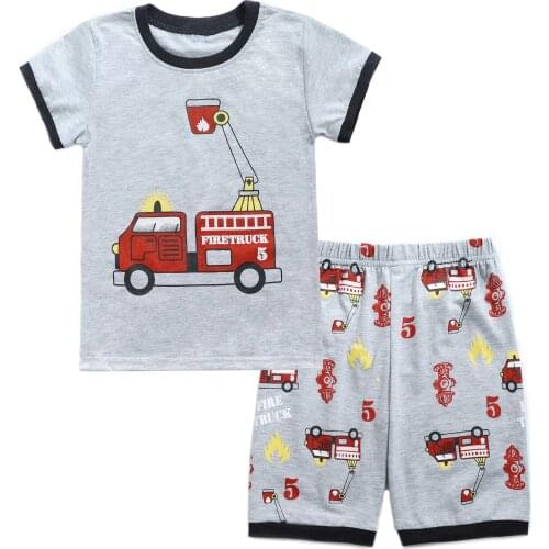 Fashion Kids Childrens Clothing Cute Cartoon Fire Truck Printing Short-Sleeved Shorts New Childrens Suit Cotton clothing